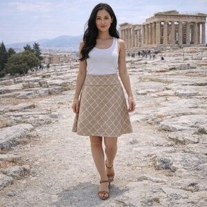 LOFT Factory Linen Blend Skirt Size 6 Beige Quatrefoil Print A-Line Greece Style